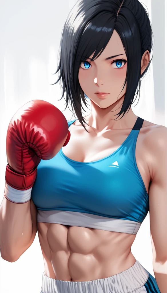 (hews art style:0.7), score_9, score_8_up, score_7_up, score_6_up, score_5_up, score_4_up, 1 girl, 23 years old, long black hair, handsome face, toned, sports bra, boxing gloves, boxing stance, high quality, masterpieceBREAK (masterpiece:1.2), best quality, high resolution, (illustration:0.8), (detailed eyes:1.3), perfect lighting, (perfect hands, perfect anatomy) 