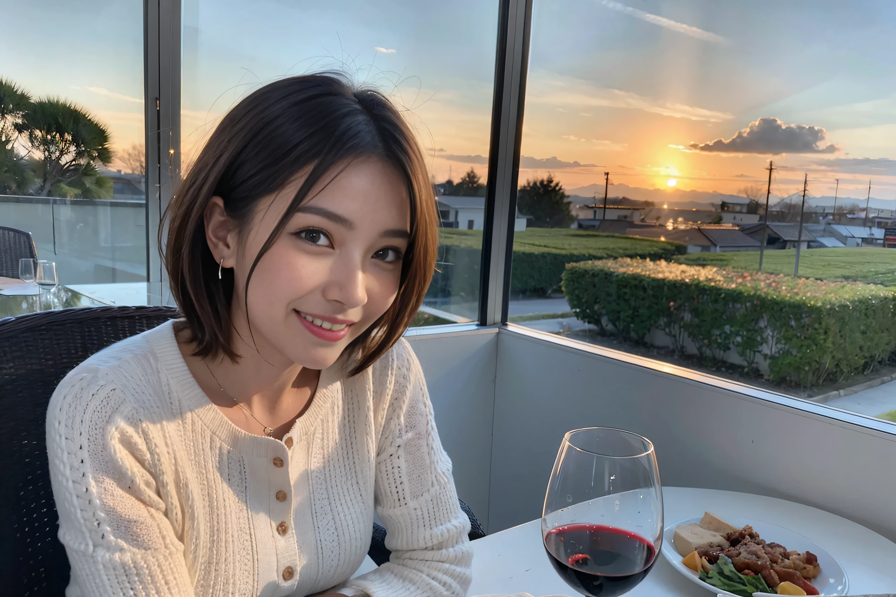 (Realistic:1.1),(masterpiece,Highest quality),8k,(49 years old), 50 years old, slimカップル、Tight waist,Upper Body,full-course dinner、wine 、Amazing view of the sunset sky and clouds、Perfect Anatomy, Brown Hair, short hair,Random Hairstyles,((Highly detailed face and eyes:1.2)),Perfect golden ratio face,Long sleeve shirt、dress,(smile:1.2)、Shortcuts、cute、(Realistic, Intricate details:1.2), A bright smile、short hair,Bright Face、赤wine 、Appetizers、Italian food、wine bottle、Champagne、スパークリングwine、(slimな顔), (The body is slim), (Brown Hair), (Shortcuts), Upper Body, 白wine, slim, wineグラス,