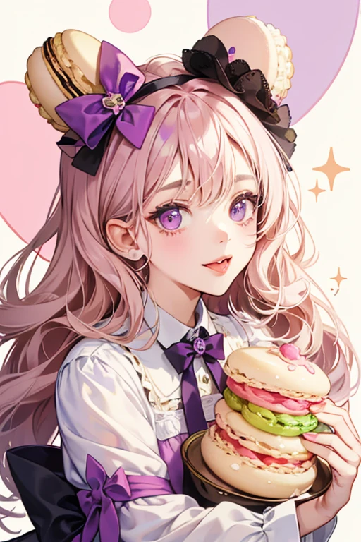 Beige macaron girl bear with basic eyes and she has her tongue sticking out. Her cream and sprinkles are violet colored. SPARKLE; GLITTER