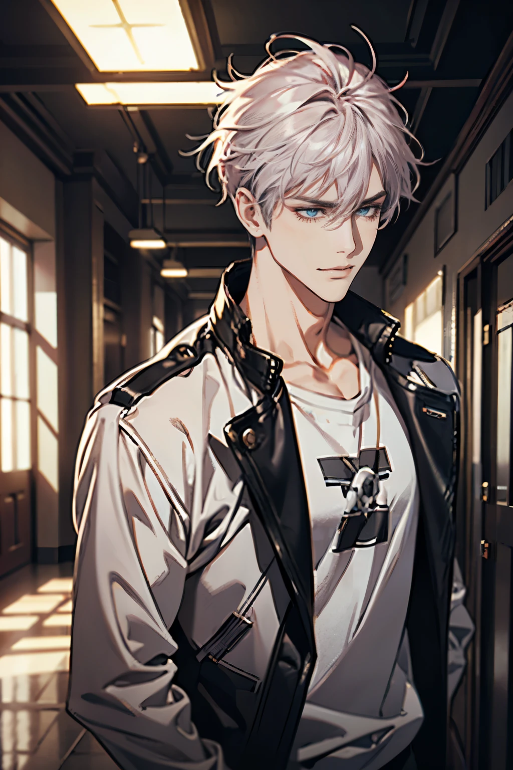 (tmasterpiece, high resolution, ultra - detailed:1.0), (1 boy, Young male, masculine face), Perfect male body, Adult male, Delicate eyes and delicate face, Extremely detailed CG, Unity 8k wallpaper, Complicated details, Detailed face, (gray pink hair, messy hair, serious faces, white T-shirt,Bad students), (frown,evil smile:1.3), hand in pocket, school corridor,black leather jacket, color difference, Depth of field, dramatic shadow, Ray tracing, Best quality, Cinematic lighting, offcial art,Portrait