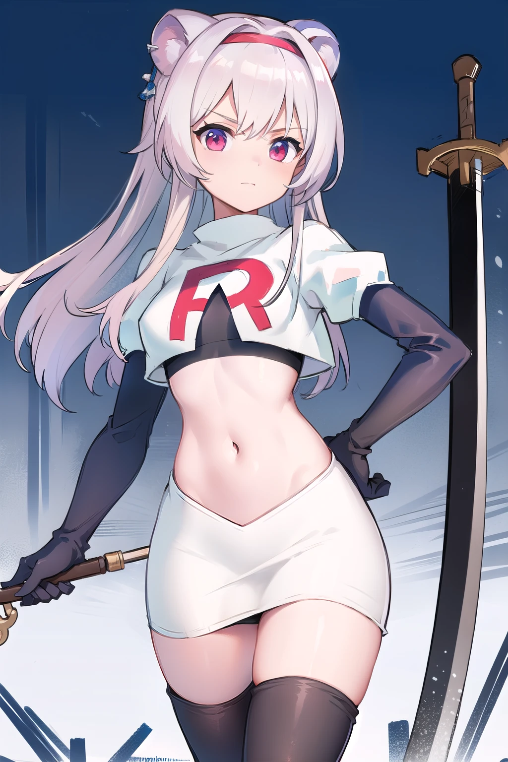 best quality,1girl,normal,cowboy shot,holding sword, team rocket,team rocket uniform,white skirt,red letter R,crop top,black thigh-highs,black elbow gloves