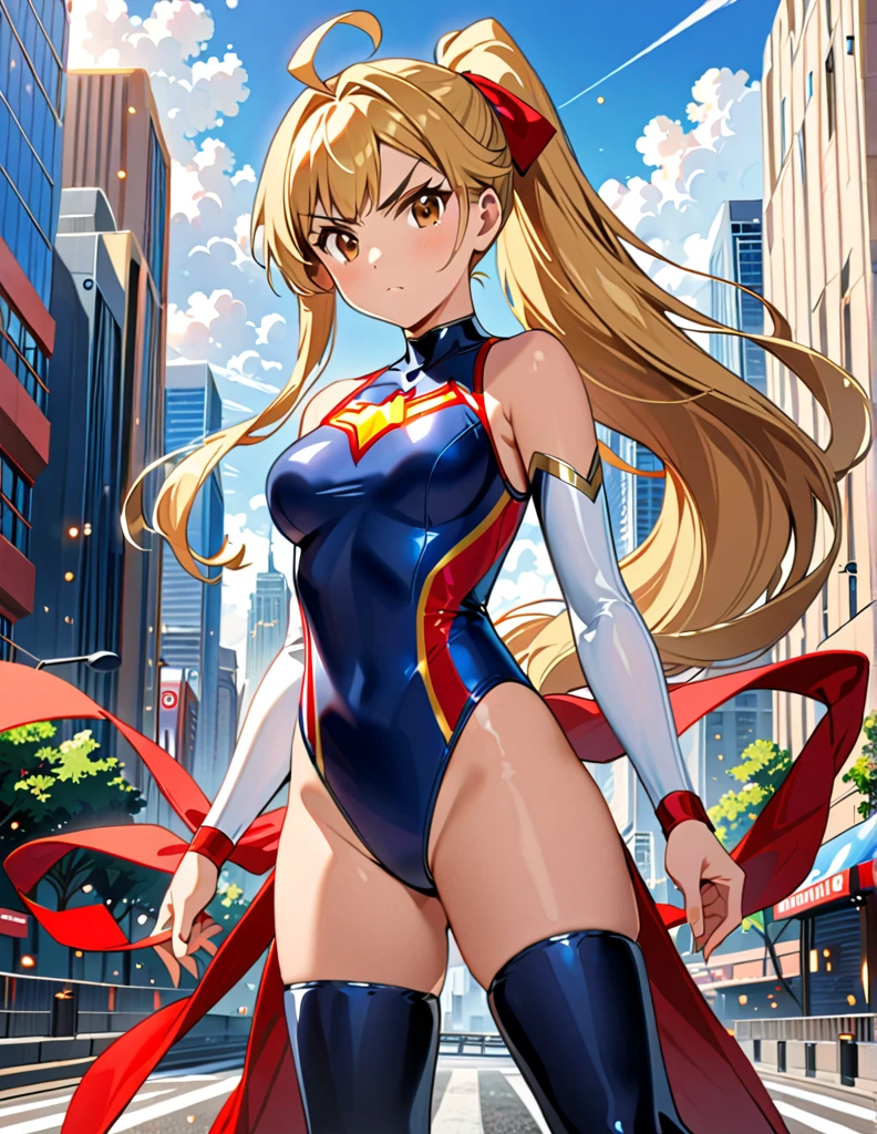 (masterpiece), (best quality), (high res), highly detailed, professional, 1girl, solo, solo focus, wonder, superhero, anime style, serious, v-shaped eyebrows, perfect hands, complete fingers, white elastic sleeves, leotard, navy leotard, competition swimsuit, blonde hair, ahoge, medium breasts, brown eyes, beautiful detailed eyes, cute eyes, cute face, light particles, long hair, looking at viewer, medium breasts, outdoors, ponytail, red boots, thighhighs, hand on hip, cowboy shot, city backdrop, full body with costume.