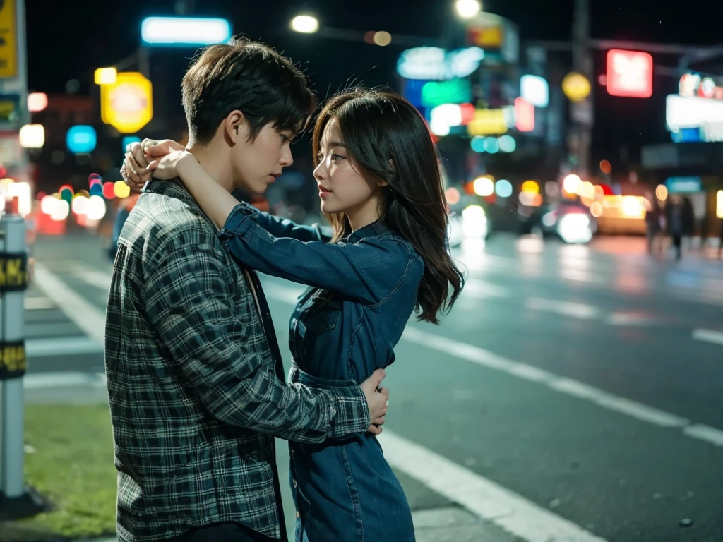 A striking, ultra-detailed image of a young Korean couple strolling hand-in-hand on a bustling night street. The man is dressed in a cozy flannel shirt,
while the woman is clad in a stylish, form-fitting dress. The city lights and traffic signals illuminate their surroundings, casting a warm, inviting glow. The couple's expressions convey a deep connection and passion, as they share a tender moment in the vibrant urban setting.