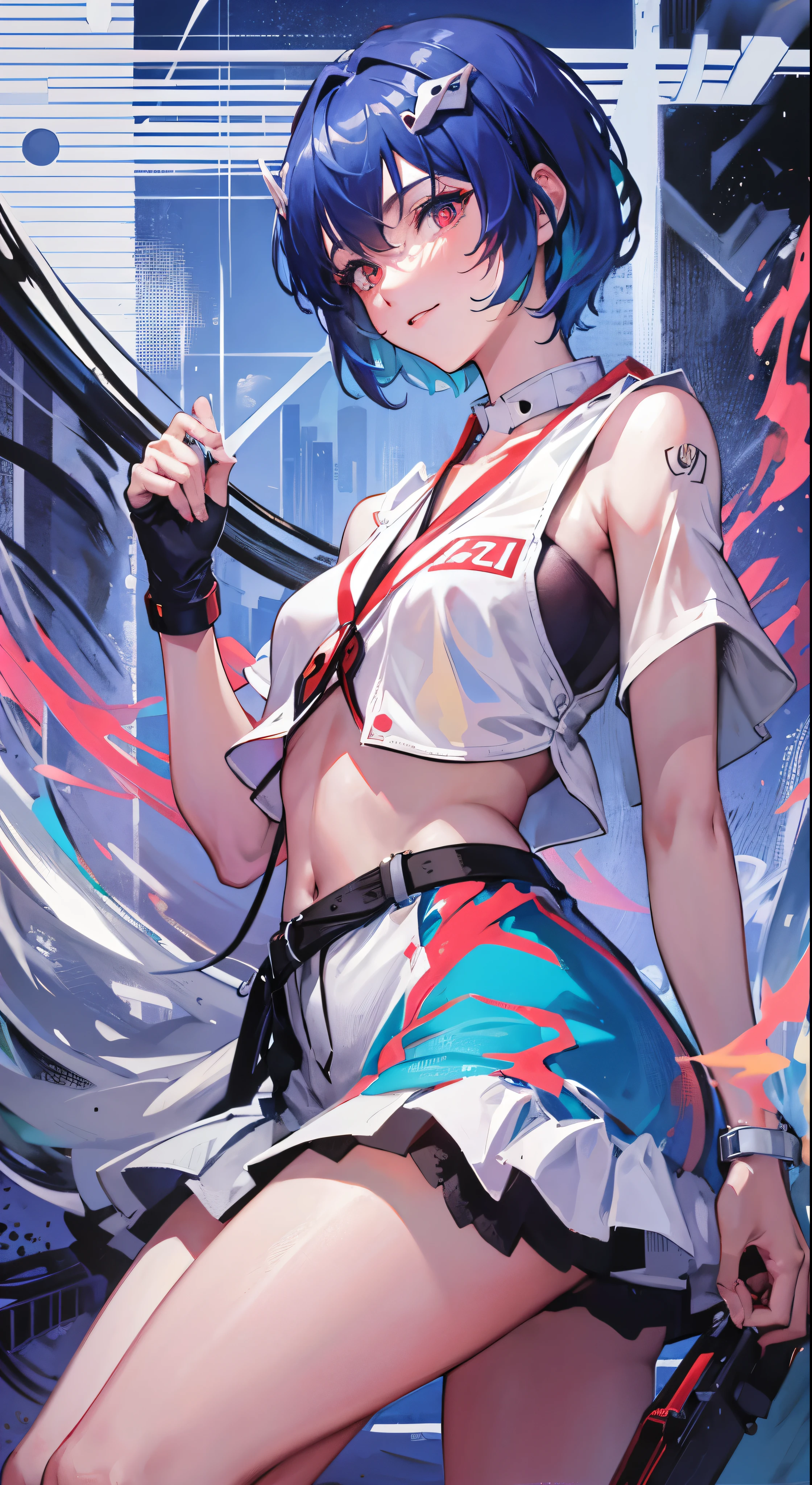 masterpiece portrait of smiling Rei Ayanami (evangelion), evangelion (Hideaki), caustics, high resolution illustration, red eyes, feminine, no pupils, blue hair,  short hair, japanese , loafers, swpunk, synthwave, paint splatters, shaded flat illustration, digital art, trending on artstation, highly detailed, fine detail, intricate, splatter, outrun, vaporware, neon colors