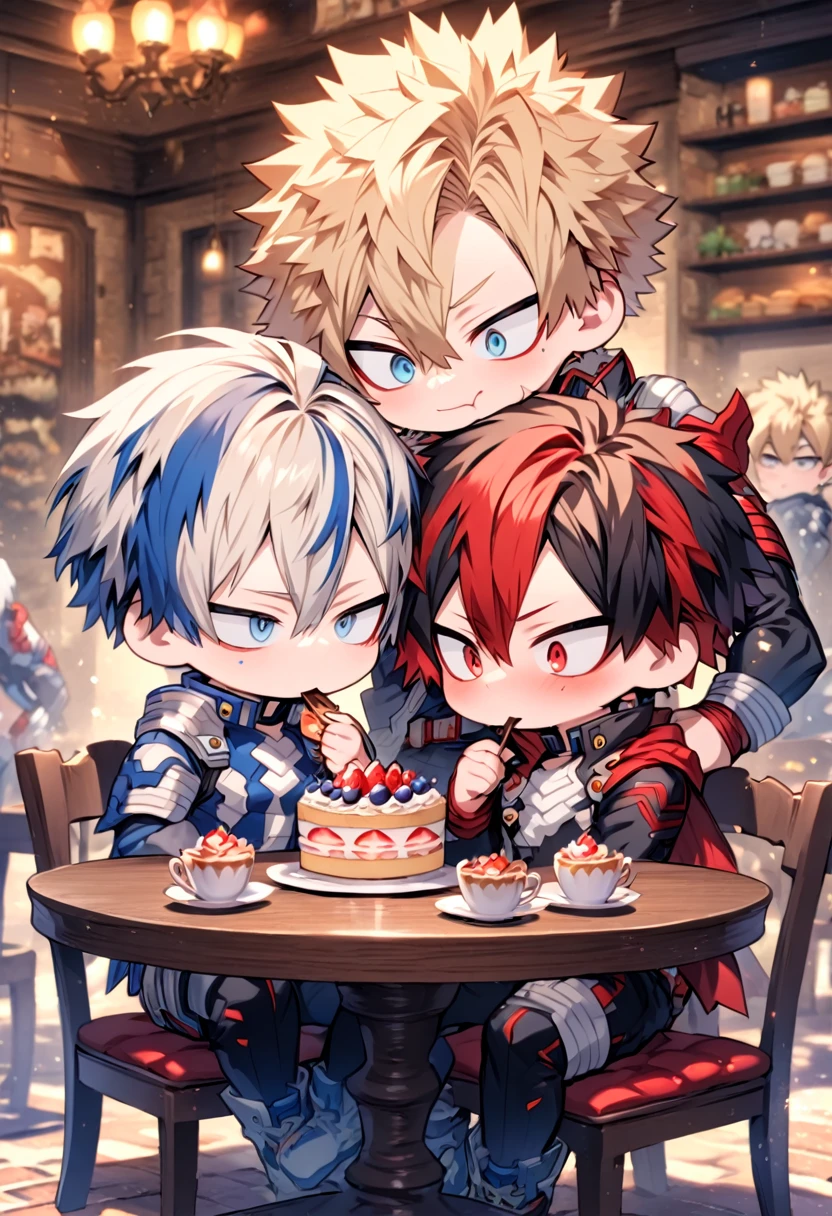 absurdres, highres, ultra detailed, HDR, master piece, best quality, extremely detailed, Todoroki Shouto chibi, bicolored hair, right side of the hair white, left side of the hair red, expressive blue eyes, Boku No Hero Academia, Bakugo Katsuki chibi, ash-blonde hair, expressive red eyes, two boy sitting together, gay couple, yaoi, cute, hero clothes, magical, cafe, table, chairs, eating, cake