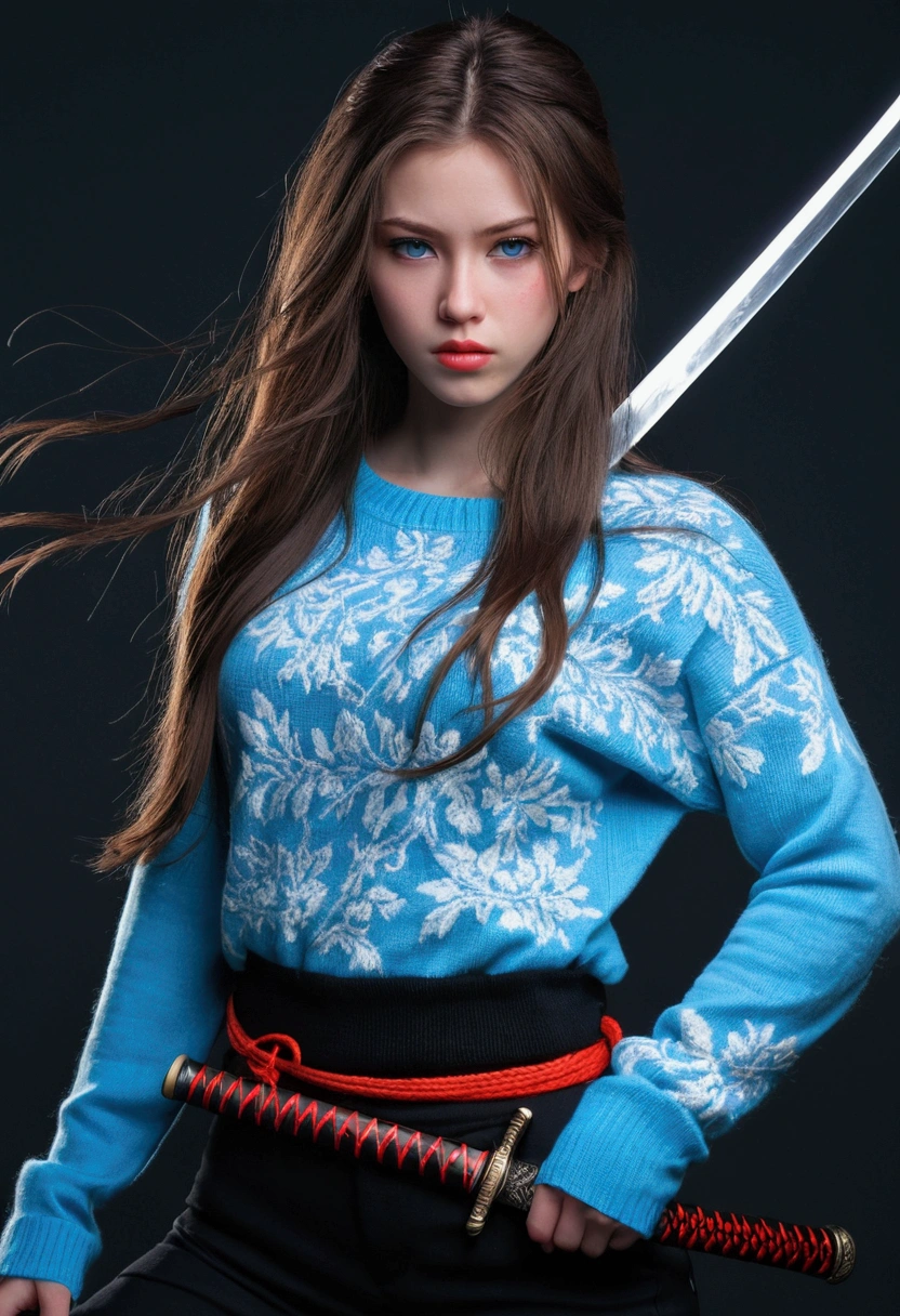 Girl, long brown hair, gray eyes, sharp features, white skin, cherry lips, sweater holding katana sword weapon blue neon Wearing torn black pants