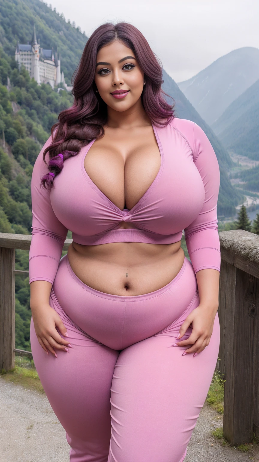gorgeous curvy plus size Indian bengali actress ritavori , glowing eyes, wearing SHEIN Tween Girl 3pcs Street Style Sweatshirt With Vest And Jogger Pants Set, Printed With Butterfly Color: Hot Pink , covered Bust, parted lips, blushing cheeks, thick thighs, bigger waist, busty, curvy plus size body, full body, full body shot, head to toe view, smoothning burgendy color hair with pfrench braid hairstyle, hourglass body, curvy plus size body, smile face, bigger waist, busty, big hips, fleshy thighs, thick thighs, busty, full body view, Neuschwanstein Castle, Germany: Fairy tale castle in a mountainous setting.