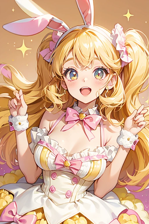 A yellow cream puff girl bunny Num with basic eyes and slanted, opened mouth. She wears a peach-pink bow to match her cream. SPARKLE; GLITTER
