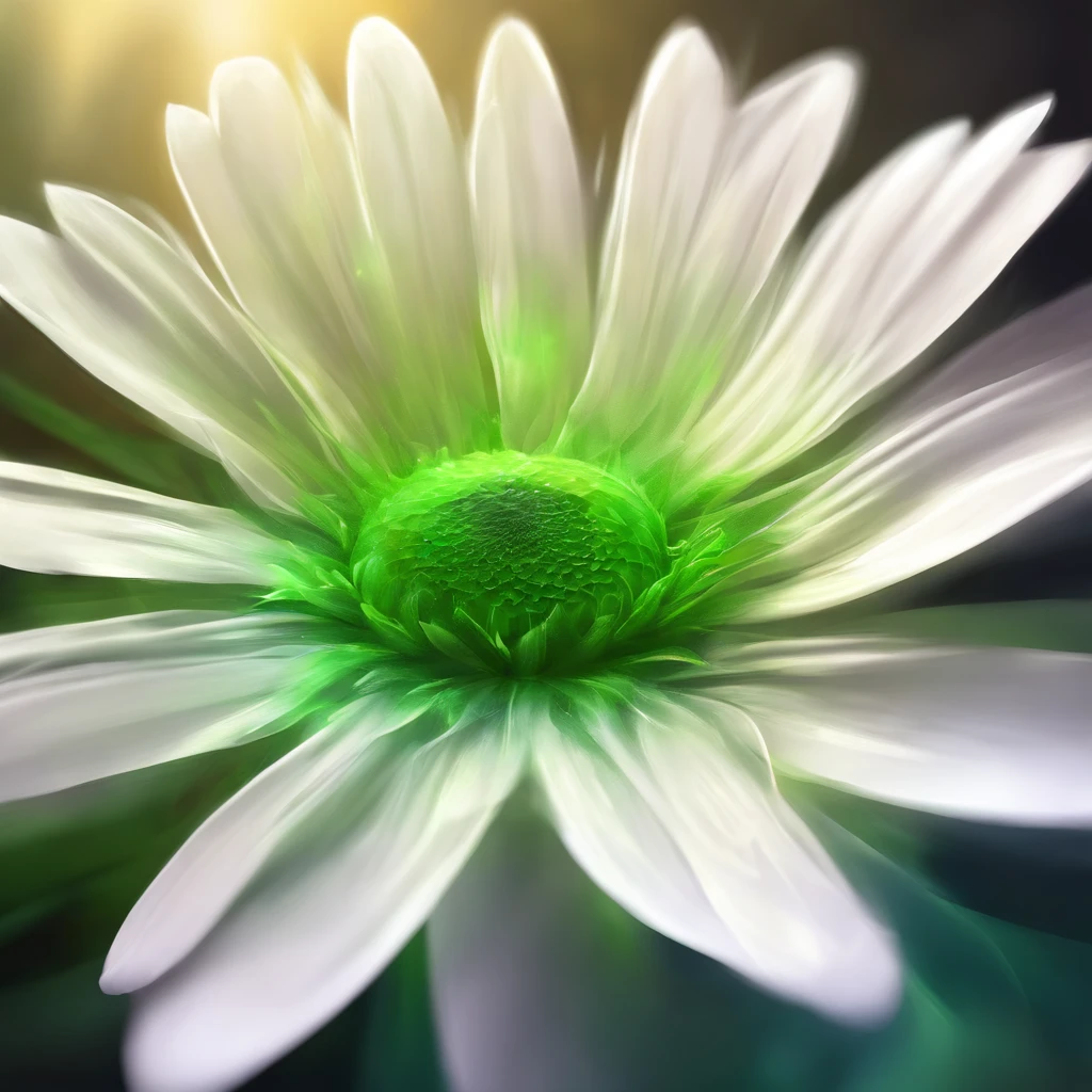 Big daisy with glowing green long petals, mystical 