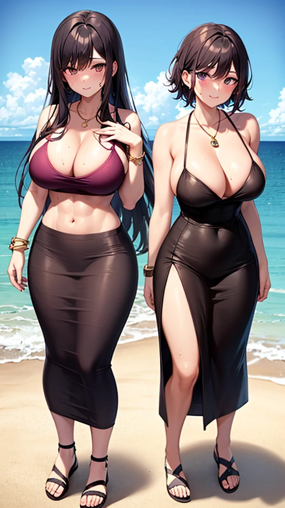 (masterpiece, best quality), 1girl, beautiful business woman with wavy hair on the beach, dark plum hair, average breasts, wide hips, slim body, athletic body, muscle, muscular, abs, red bra, (black maxi pencil skirt), (very long pencil skirt), sandals, cleavage, midriff, waist, hip bones, beach, ocean waves, looking at viewer, full body, stretching arm, messy hair, sweatdrop, very sweaty, full-face blush, light smile, necklace, gold bracelet, wide-eyed