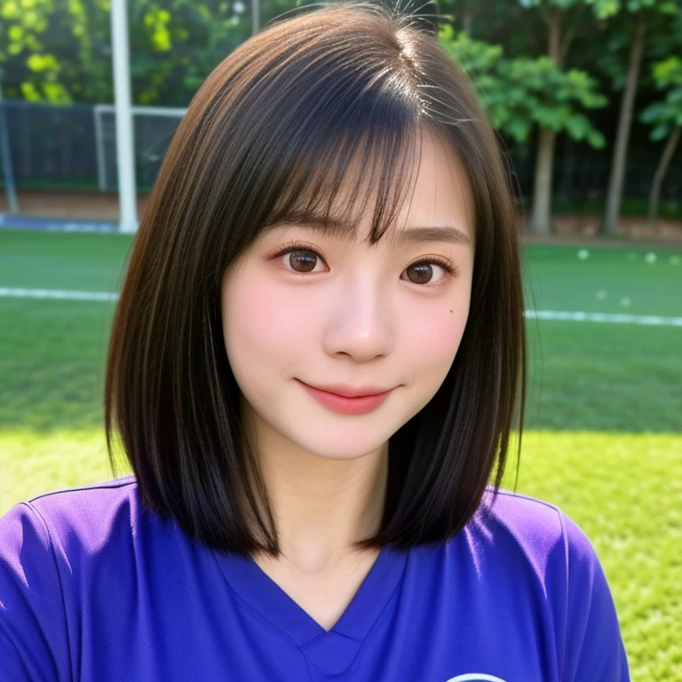 (kawaii 18 year-old Japanese girl, Nogizaka idol, Korean idol, high), soccer player, healthy female athlete body, (glossy black hair, short hair, pixie cut, bangs:1.3), (rounded face, beautiful black eyes, single eyelid, no makeup, embarrassed expression:1.2), (wearing soccer jersey:1.3), extra small breasts, BREAK, (park background, turf, summer daytime, warm sunlight from forward), (dynamic angle, bust shot),  BREAK, (masterpiece, best quality, photo realistic, official art:1.4), (UHD, 8K quality wallpaper, high resolution, raw photo, golden ratio:1.3), (shiny skin), professional lighting, physically based rendering, award winning, (highly detailed skin, extremely detailed face and eyes), Carl Zeiss 85 mm F/1.4, depth of field, 1girl, solo,