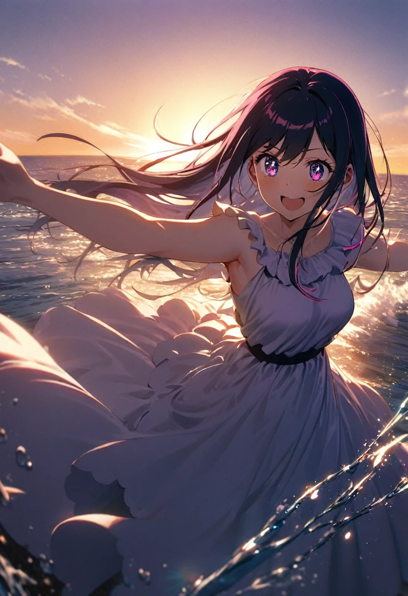 1girl, hoshino ai (oshi no ko), ship's bow, arms outstretched, flowing dress, wind effect, sunset sky, ocean spray, dramatic backlighting, eyes sparkling with wonder, radiant smile, exhilarated expression, hair streaming behind, sense of freedom, emotional lighting, masterpiece, best quality, absurdres

