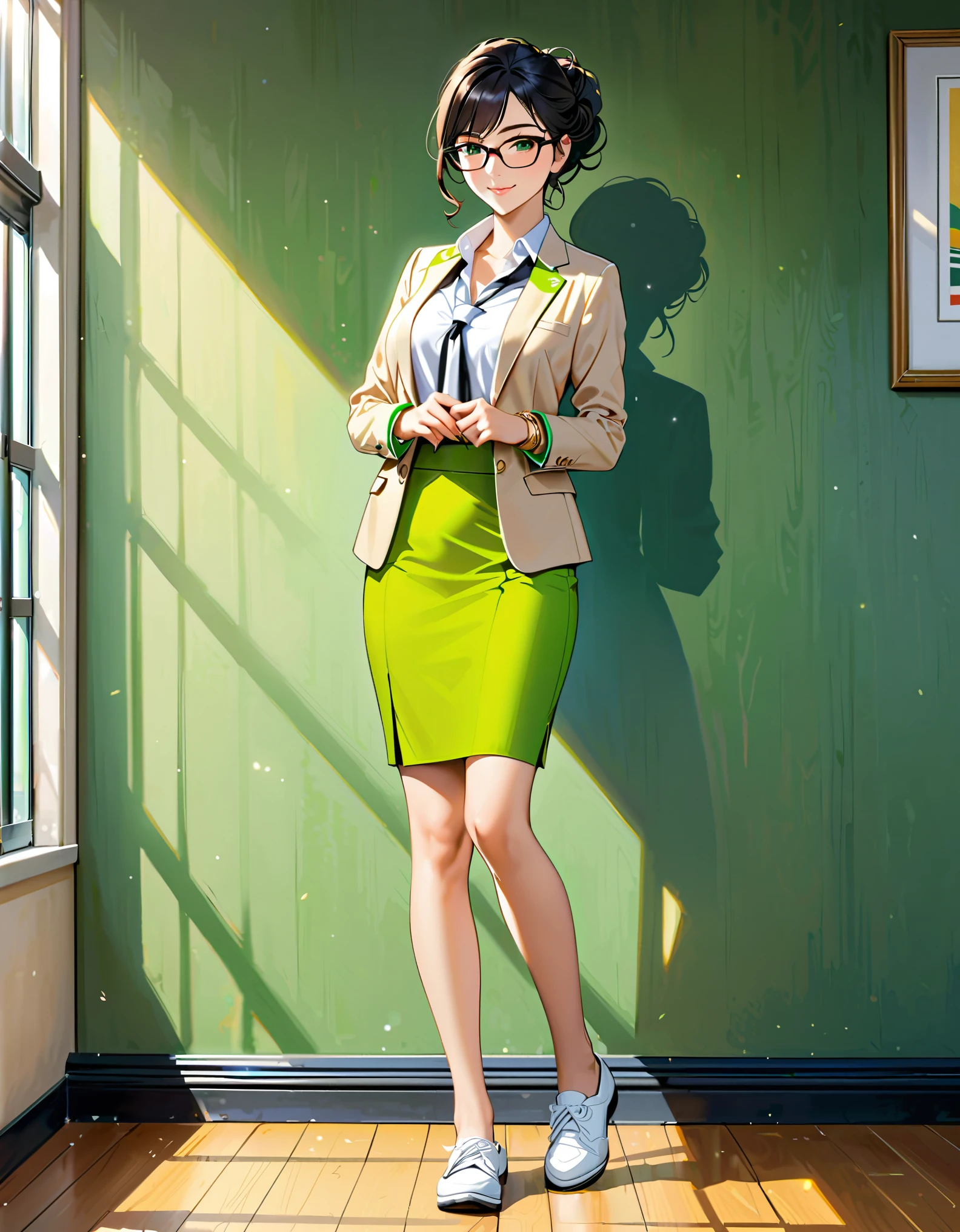 (masterpiece), (best quality), (hires), highly detailed, professional, 1lady, mature lady, tall body, jet black hair, short hair, (tied up hair), green eyes, (glasses), beautiful detailed eyes, beautiful detailed face, (beige suit), open jacket), white dress shirt, open collar, (medium lime green pencil skirt), medium breasts, matching shoes, high school backdrop, indoors, daytime, (perfect hands, complete fingers), (gold bracelets), bare legs, solo, solo focus, standing, cowboy shot, full body shot, full body with costume, semi-realistic, friendly, warm lighting.