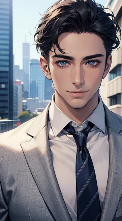 (Highest quality,4K,8K,High resolution,masterpiece:1.2),Super detailed,(Realistic,photoRealistic,photo-Realistic:1.37),1 person,31 years old,Mature Man,Beautiful skin、Profile、very handsome,Expressionless,smile,Short gray black hair,blue eyes,Sharp Eyes,A perfect face without a doubt,Businessman,Office Background,Cinema Lighting,HDR image,tie、
