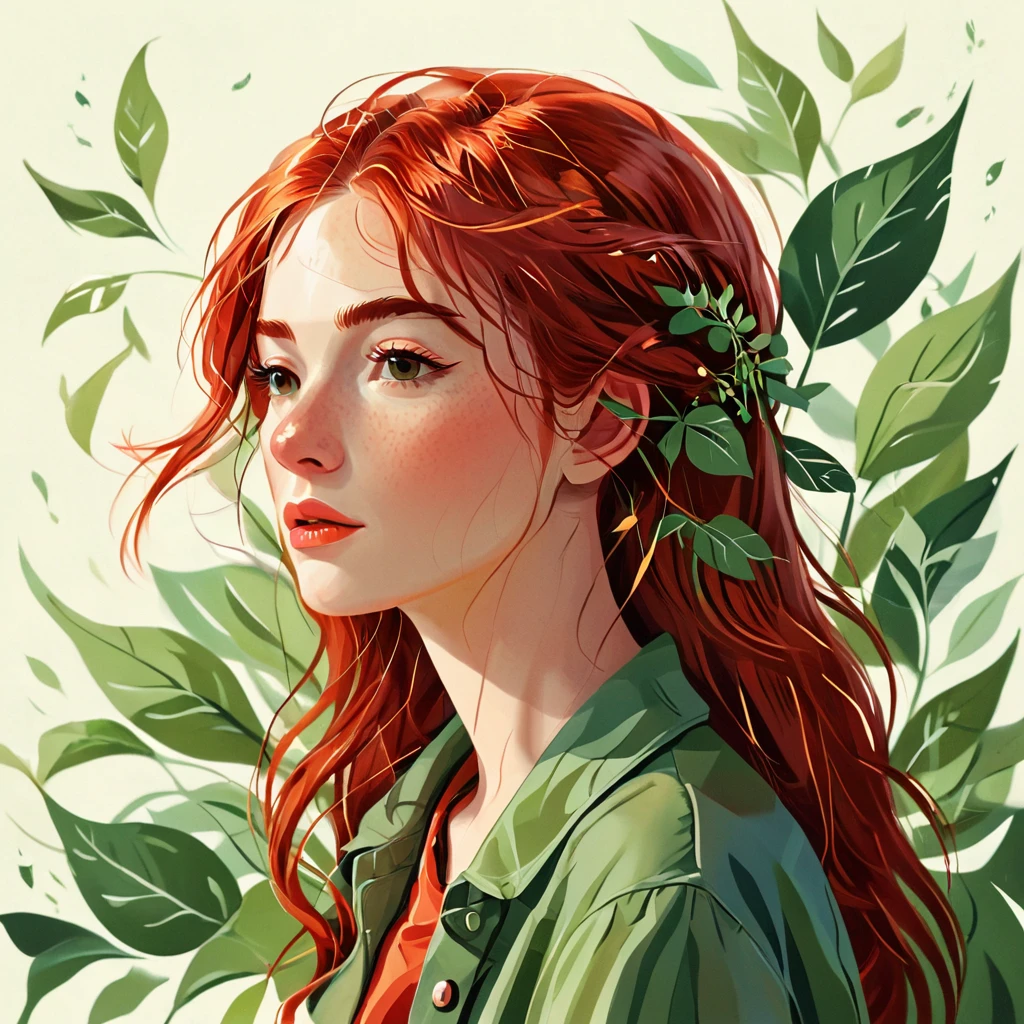 A vector illustration, a red-haired woman with hair in the wind, a woman. She is thoughtful.by Kathrin Honesta