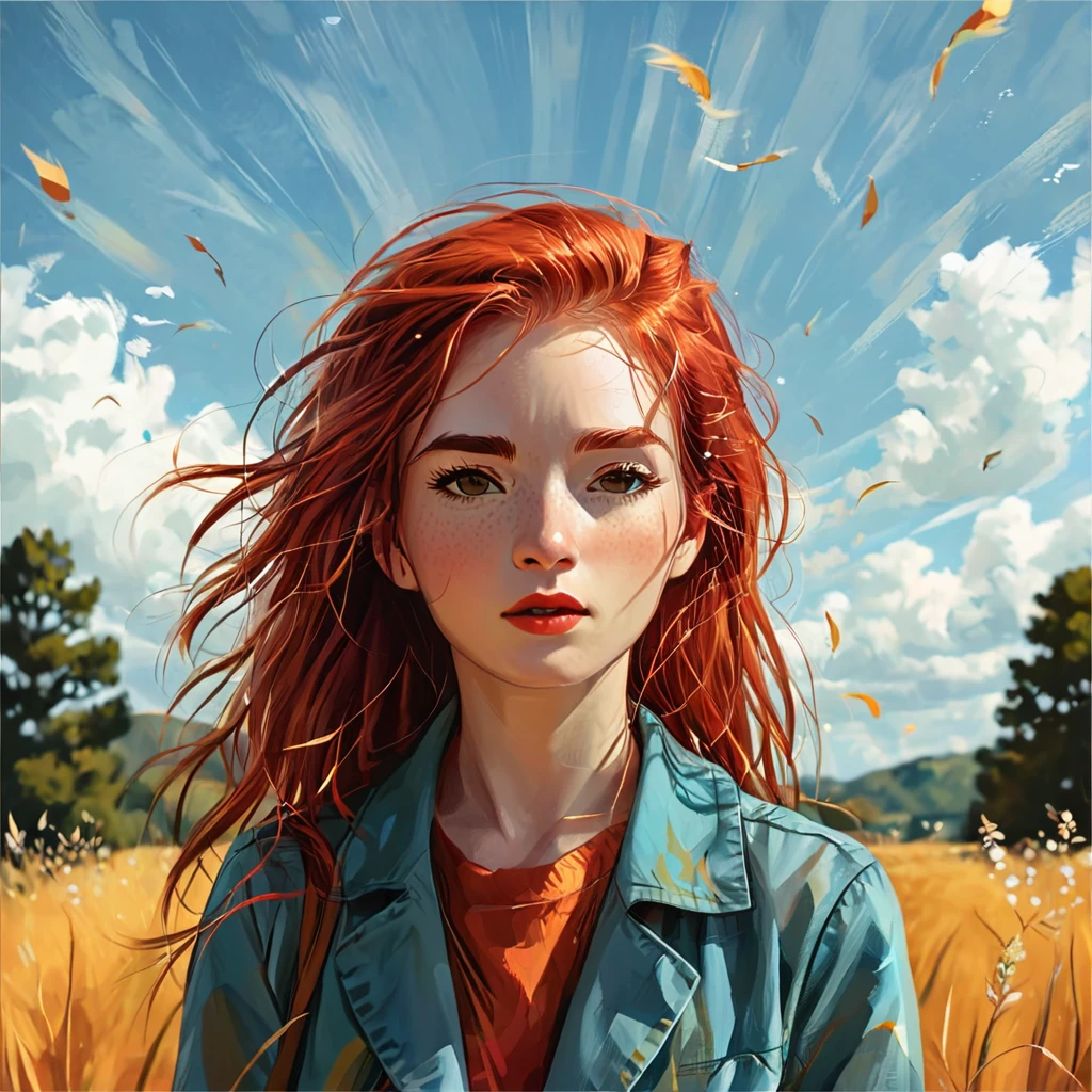A vector illustration, a red-haired woman with hair in the wind, a woman. She is thoughtful.by Kathrin Honesta