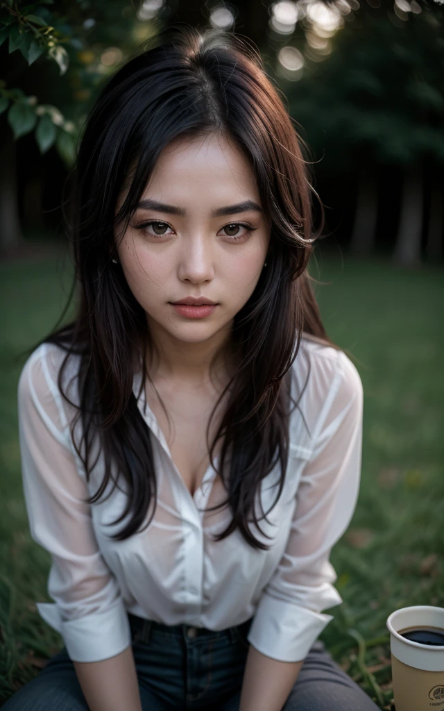 Meditation position on the grass ,A beautiful 22 year old woman, Morena escura , close up, girl next door, cold pants and black cold blouse, make up, lips, cups, the night, Messy hair, film grain, retro, Supports 160 colors, Shot on ARRI ALEXA 65, sharp focus on the subject, Fujifilm XT-3