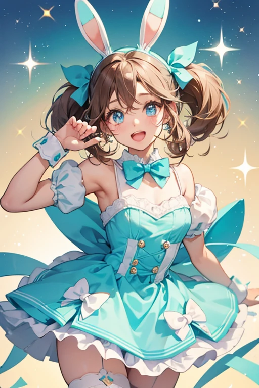 A chocolate cream puff girl bunny Num with basic eyes and slanted, opened mouth. She wears a pale blue-mint bow to match her cream. SPARKLE; GLITTER