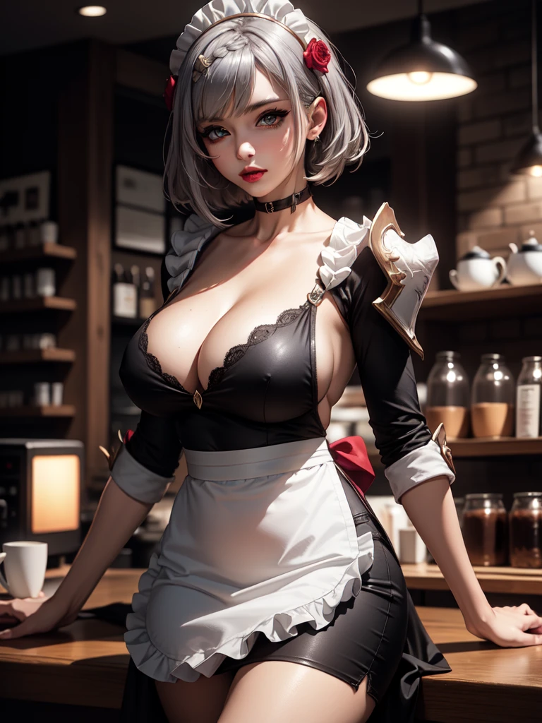 ((masterpiece)),(bestquality),((ultra-detailed)), ((beautiful detailed sky)), ((cinematic lighting)), depth of field, (dynamic angle),detailed lighting,(beautiful detailed eyes), (only apron), worker at coffee shop, red lip, eyeshadow,large breast, sexy, cleavage, bare thighs, noelledef