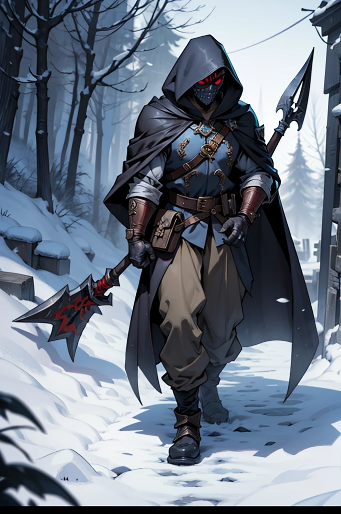 warhammer fantasy roleplay grave robber with a hooded cloak, wearing a fancy jester mask, human, male, skinny, full body art, grimdark comic art style, holding a shovel, belt pouch, no weapons, no armour, gloved hands