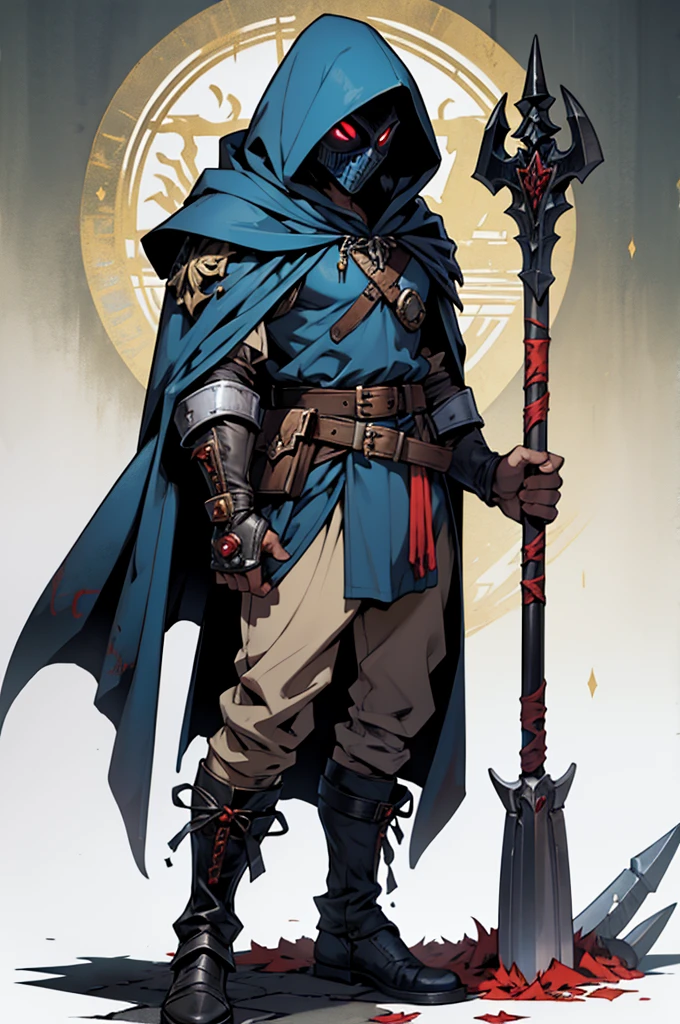 warhammer fantasy roleplay grave robber with a hooded cloak, wearing a fancy jester mask, human, male, skinny, full body art, grimdark comic art style, holding a shovel, belt pouch, no weapons, no armour, gloved hands