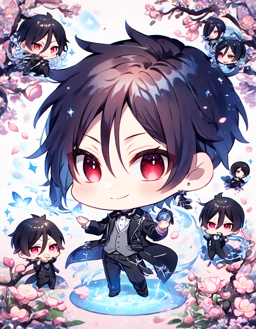 absurdres, highres, ultra detailed, HDR, master piece, Sebastian Michaelis, black hair, expressive red eyes, black jacket, white shirt, grey vest, black pants, Kuroshitsuji, cute, chibi, best quality, blossoms, pink petals, pink flowers, fantasy, magical, blue shining fireflies, solo, water, smile, Black Butler, music notes