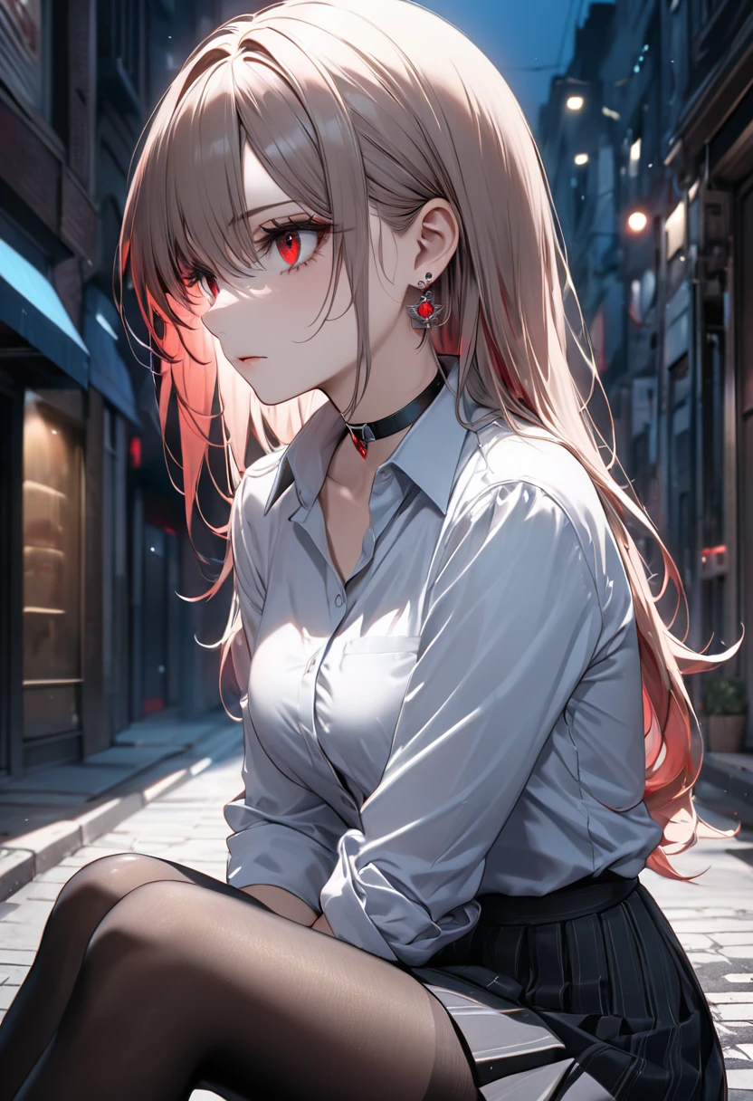 best quality, super_delicate, super delicate eyes, ultra detailed, beautiful, 8k , 1girl, red eyes, evil, facial profile, street, sitting, business shirt, skirt, earrings, choker, black tights, nikke, night