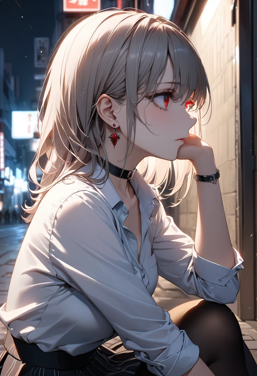 best quality, super_delicate, super delicate eyes, ultra detailed, beautiful, 8k , 1girl, red eyes, evil, facial profile, street, sitting, business shirt, skirt, earrings, choker, black tights, nikke, night