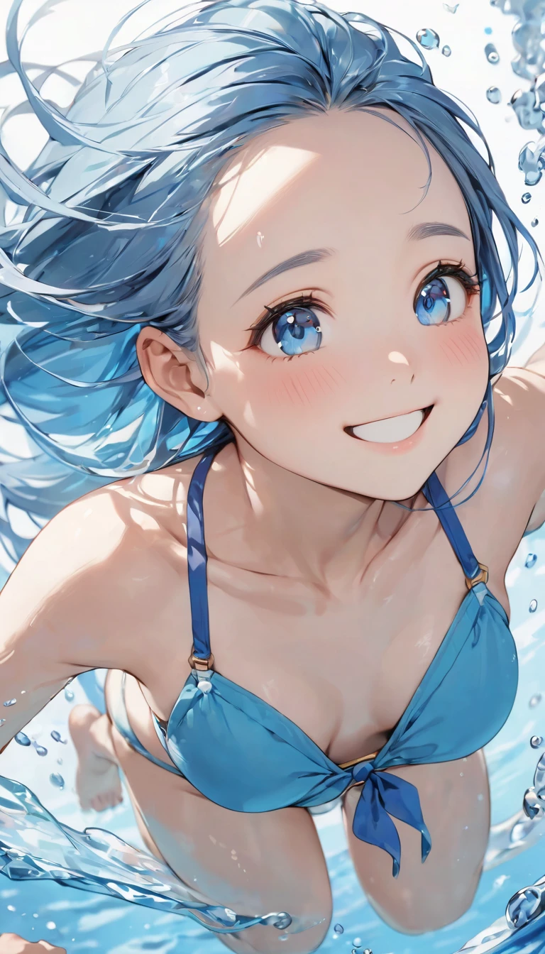 (profile Acrobatic style) (High above ground jumping Somersault:1.2, ), (solo:2, 15 yo), (beautiful forehead), (beautiful detailed blue hair long hair), (best cute girl, immensely cute blue eyes, smile, small tits), in a cute bikini, break, in the Large leisure pool, background beautiful water, BREAK, perfect anatomy, masterpiece, best quality, 16k, beautiful detailed grow, daydreaming expression.