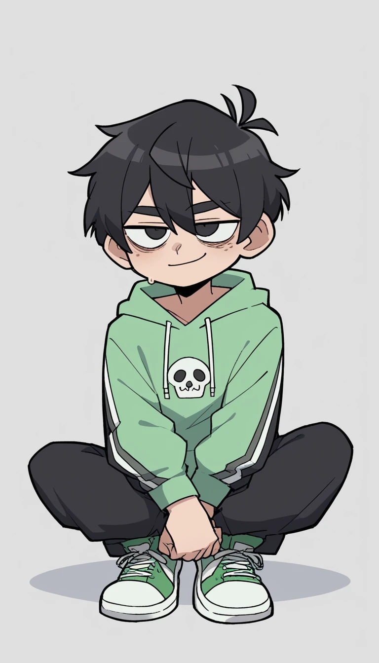 zPDXL, score_9, score_8_up, score_7_up, source_anime, 8k, absurdres, 
1girl, solo,  Miguel Have Black hair, black eyes, light green sweatshirt, black pants, green sneakers, an M in the upper right corner of the hair Two strands of hair raised in the upper right corner of the hair looking like the letter M and a neutral expression with a smile . He's not depressed and he's not black and not so white or pale. 
Imagine him Imagine him in a Chibi version and small with his mouth closed and a neutral face. I want to use it as a pngtuber and do it with a white background
Do it with a full body. I don't want any pose other than an idle pose With arms down and legs stiff
He's getting up and not sitting down 