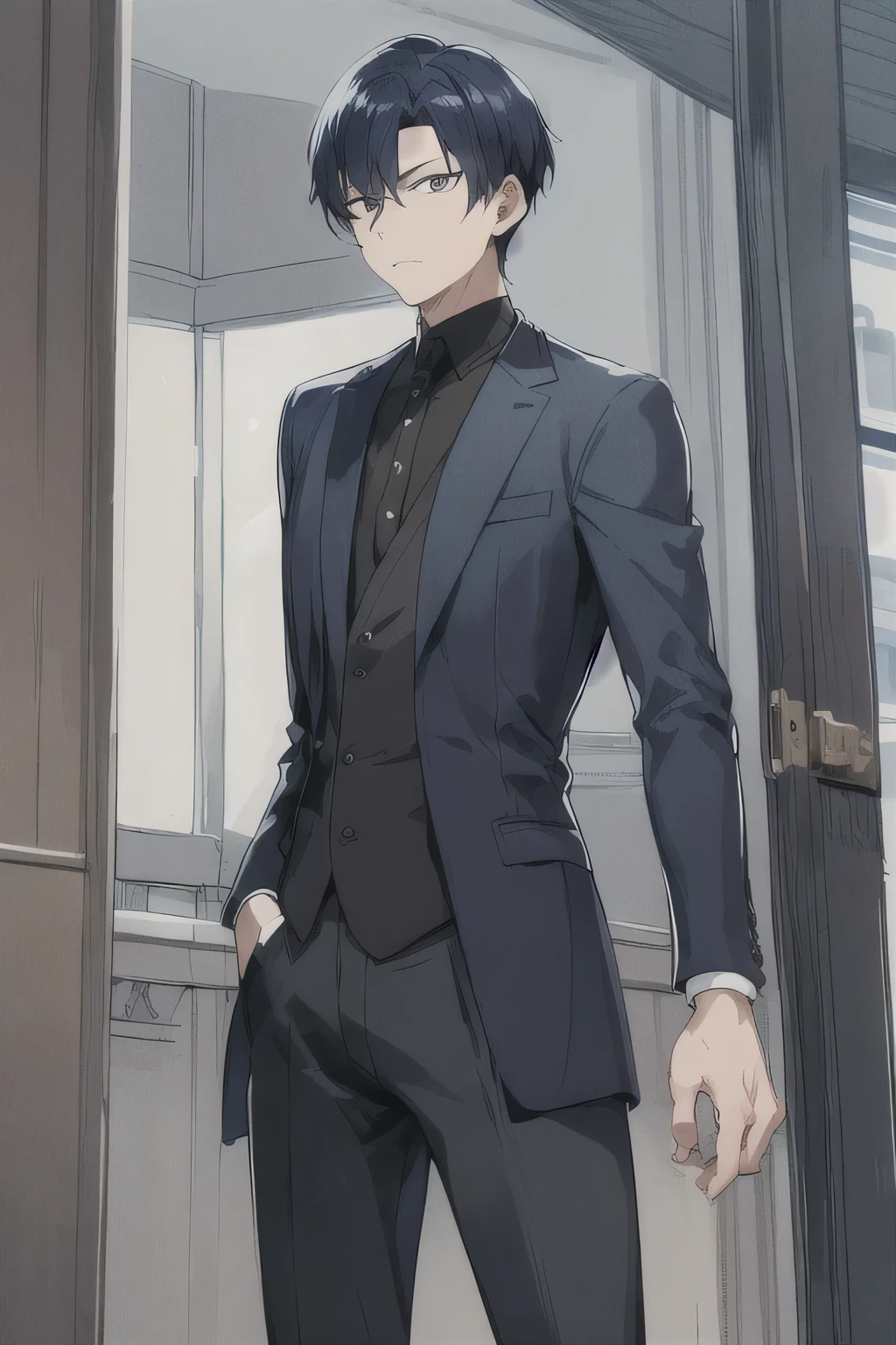 masterpiece, detailed, Best Quality , Chico , dark blue hair , short hair , shiny eyes , Band-Aid on face , black jacket that covers the neck , Alone , elegant , disheveled , stopped , standing , dangerous magic