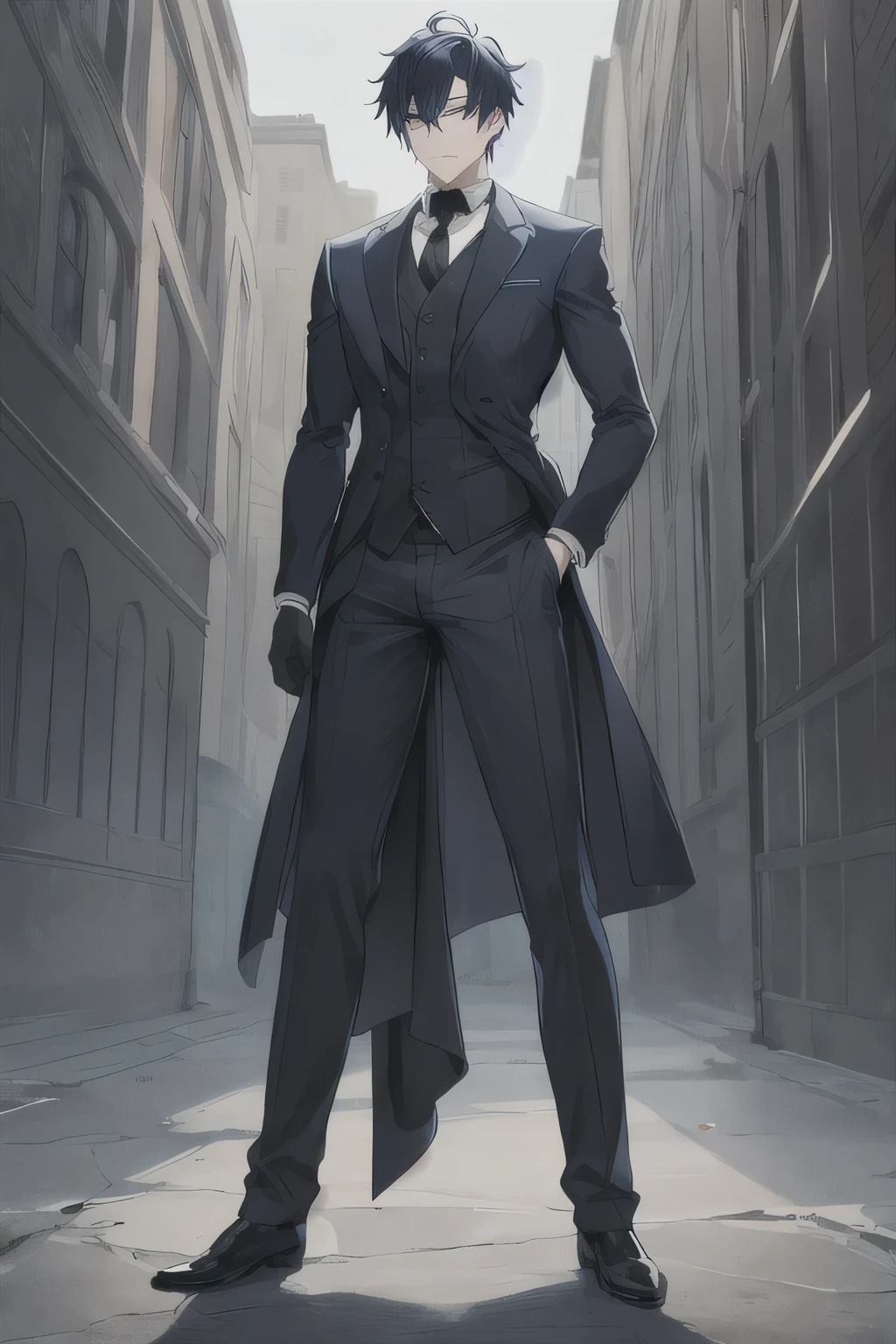 masterpiece, detailed, Best Quality , Chico , dark blue hair , short hair , shiny eyes , Band-Aid on face , black jacket with closure that covers the neck , Alone , elegant , disheveled , stopped , standing , dangerous magic , Whole body , black powerful gloves