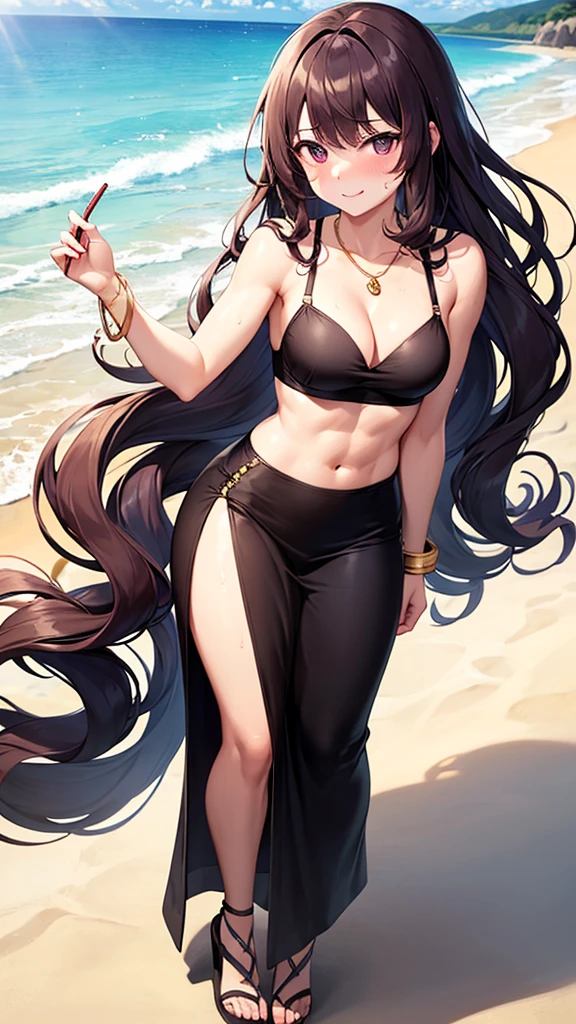 (masterpiece, best quality), 1girl, beautiful business woman with wavy hair on the beach, dark plum hair, small breasts, wide hips, slim body, athletic body, muscle, muscular, abs, red bra, (black maxi pencil skirt), (very long pencil skirt), sandals, cleavage, midriff, waist, hip bones, beach, ocean waves, looking at viewer, full body, stretching arm, messy hair, sweatdrop, very sweaty, full-face blush, light smile, necklace, gold bracelet, wide-eyed