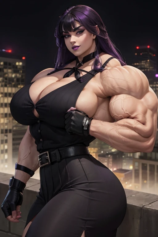 ((Close-up)), tall, (violet purple hair) beautiful muscular woman, long hair with long bangs, pale white skinned, closed smile, (black lipstick), big breast, (massive muscles), (hyper muscle), ((ginormous bulky muscles)), glowing black eyes, (((violet sleeveless pleated shirt))), ((black pencil skirt with belt)), (fingerless gloves), (necktie), high heels, night in rooftop,