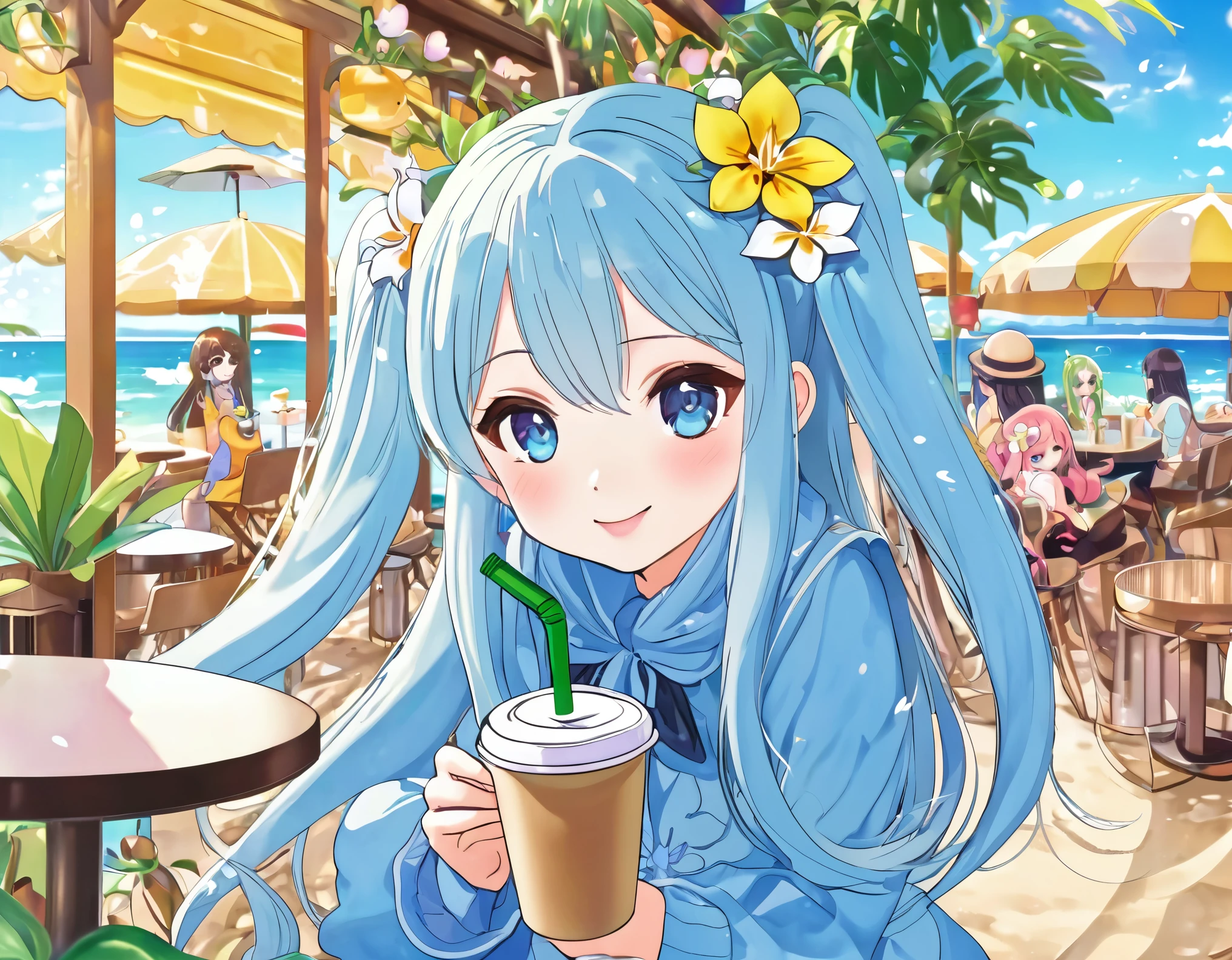 Light blue long hair、Cute chibi character with twin tails、Anime beautiful girl chibi character drinking Starbucks coffee with a straw in her hand, Starbucks in a vibrant outdoor café style on the beach、A cafe surrounded by orchid flowers、Hibiscus flowers bloom on the beach、Cute anime with a bright smile (Anime Girls), A cafe decorated with flowers、Cute chibi anime visuals, young Anime Girls, Beautiful anime art style, Anime illustration, beautiful Anime Girls, Peach Frappe