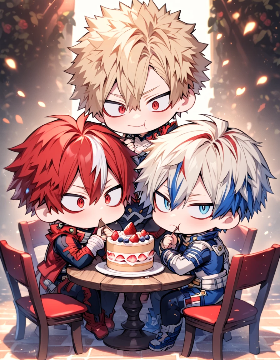 absurdres, highres, ultra detailed, HDR, master piece, best quality, extremely detailed, Todoroki Shouto chibi, bicolored hair, right side of the hair white, left side of the hair red, expressive blue eyes, Boku No Hero Academia, Bakugo Katsuki chibi, ash-blonde hair, expressive red eyes, two boy sitting together, gay couple, yaoi, cute, hero clothes, magical, cafe, table, chairs, eating, cake