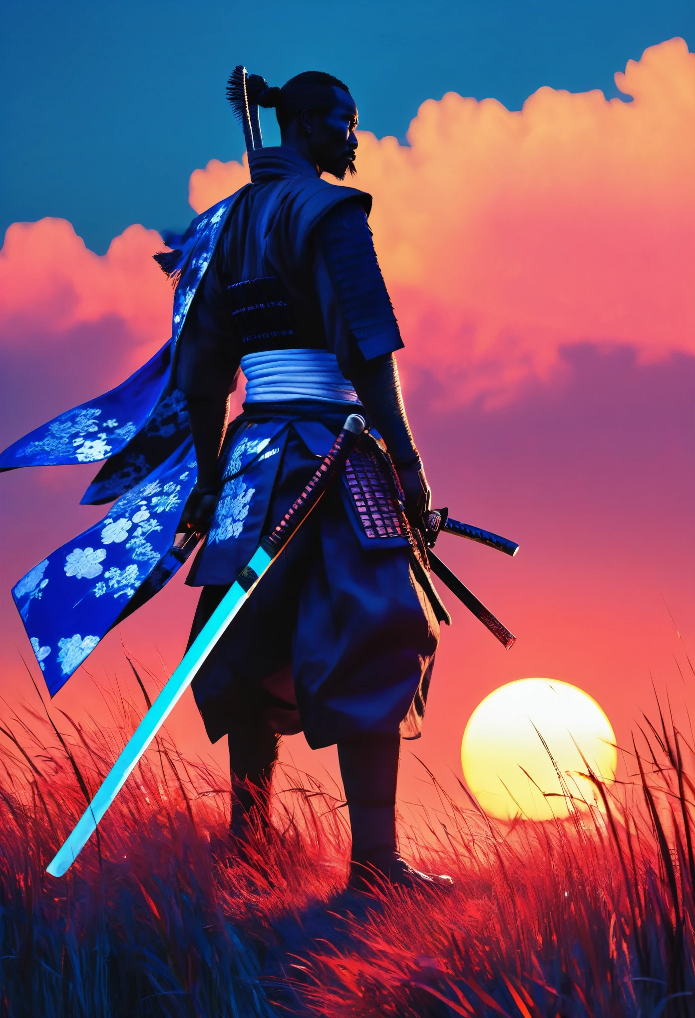 Dramatic silhouette image featuring a lone black man samurai standing against a large, glowing sunset. The samurai is wearing a traditional African designed clothes and holding a katana, with the blade resting on his shoulder. The background is dominated by the intense blue and white hues of the setting sun, which creates a striking contrast with the dark figure of the samurai. The foreground shows blue neon lit tall grass in shadow, adding depth to the scene. The overall composition emphasizes the solitary and stoic nature of the samurai, set against a vivid and expansive sky.