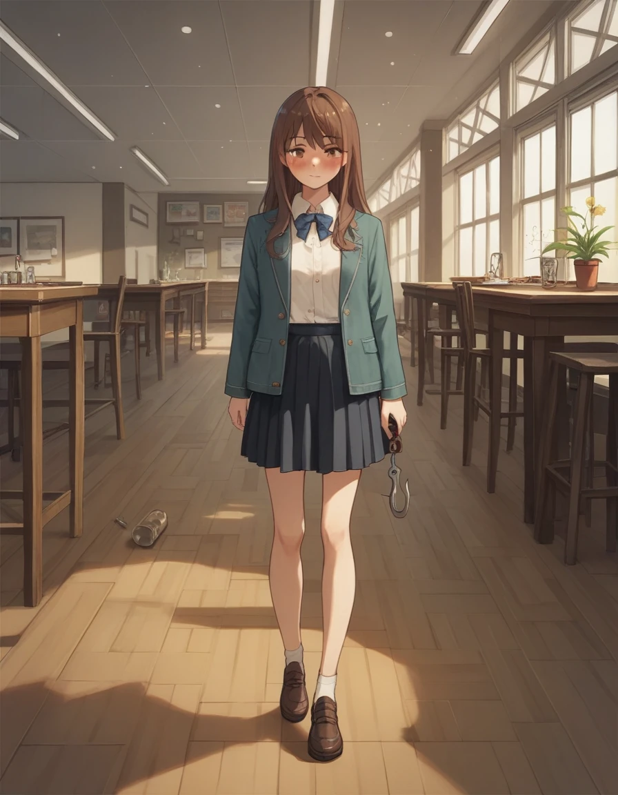 Fraction_9, Fraction_8_Direction_7_up, src_Japanese cartoons,
Shoko Nishimiya, Shoko Nishimiya, Long hair, Brown hair, Brown eyes,
skirt, bow, , jacket, lattice, lattice skirt, Casual suits,
indoors, floor, floor room, One side, blush, drunk,
Looking at the audience, Solitary, Cowboy shooting, Hook of Holland,