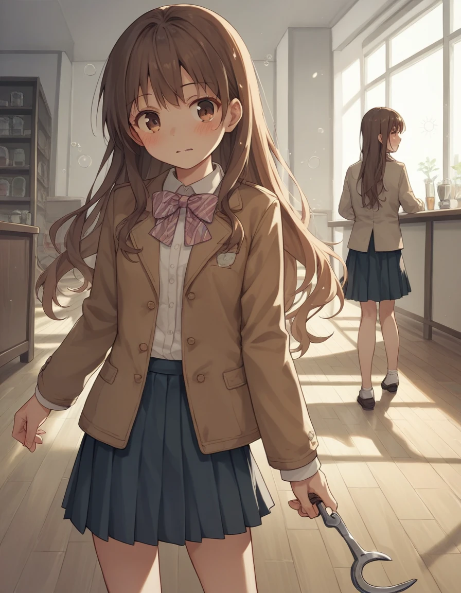 Fraction_9, Fraction_8_Direction_7_up, src_Japanese cartoons,
Shoko Nishimiya, Shoko Nishimiya, Long hair, Brown hair, Brown eyes,
skirt, bow, , jacket, lattice, lattice skirt, Casual suits,
indoors, floor, floor room, One side, blush, drunk,
Looking at the audience, Solitary, Cowboy shooting, Hook of Holland,