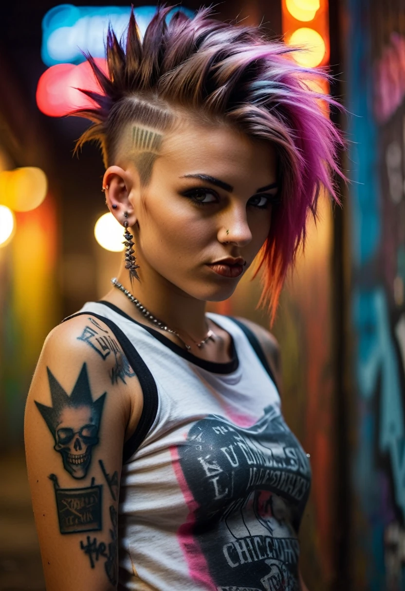 Photorealistic, ultra-detailed, ((Rocker punk girl, spiky mohawk hair)) girl, hot Body Brazilian Girl V.IT:1.4, ABS, tattoo, t-shirt nipples, t-shirt write "666".portrait photo, grunge, side viewer, Solo, dimly lit room, edgy urban scene with graffiti, dark and moody, late evening, city lights flashing, neon lighting The essence of rock and roll, Spike hair, 18 years old, assertive, confident expression, showcasing multiple piercings, blurry background, Crystal clear eyes gleaming with passion, analogue style, grunge texture, Best contrast, industrial, Instagram LUT, Professional, 4k, electrifying gaze, shot on Nikon, 50mm, shallow depth of field,  ((Abandoned Graffiti Wall Background, cinematic lighting )).