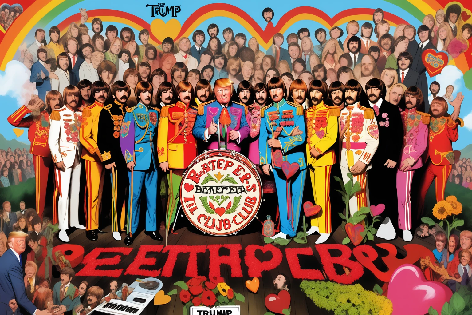 Donald Trump as Sgt. Pepper's in the Beatle's Sgt. Pepper's Lonely Hearts Club Band Album Cover. Surrounded by people with heart shaped heads.