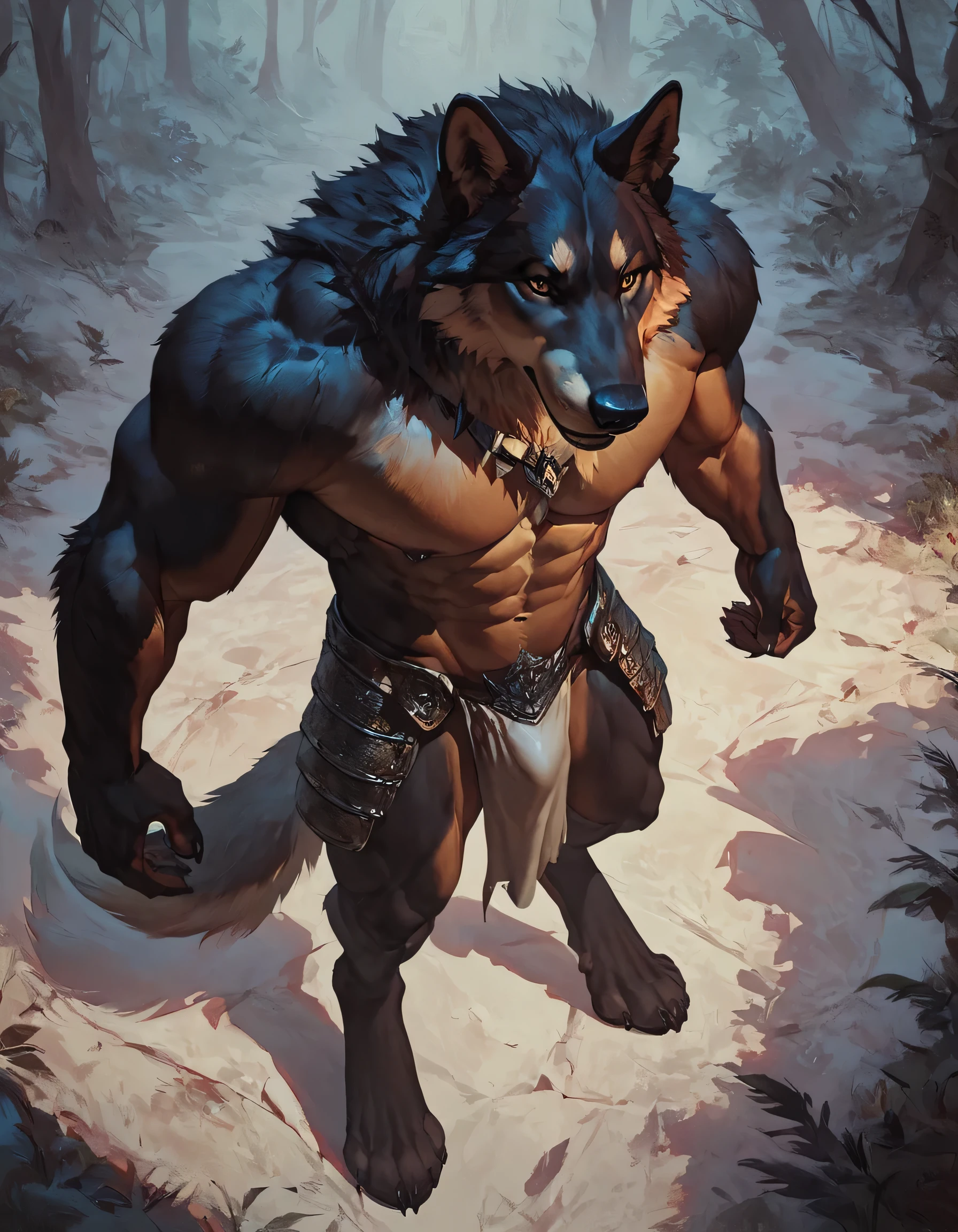 score_9, score_8_above, score_7_above, score_6_above,(Alone), male wolf den, Proud and serious expression, loincloth, muscular, standing, armor, digitigrade, guerrero, forest, by the wide, Conceptual art, dark environment, topless squat 