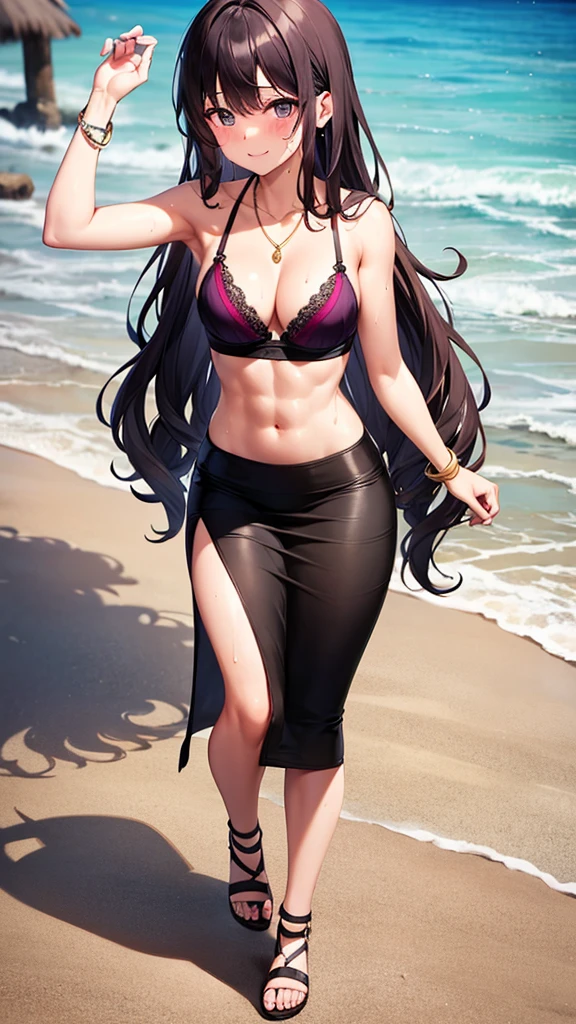 (masterpiece, best quality), 1girl, beautiful business woman with wavy hair on the beach, dark plum hair, small breasts, wide hips, slim body, athletic body, muscle, muscular, abs, red bra, (black maxi pencil skirt), (very long pencil skirt), sandals, (cleavage, midriff, waist, hip bones), beach, ocean waves, looking at viewer, full body, stretching arm, messy hair, sweatdrop, very sweaty, full-face blush, light smile, necklace, gold bracelet, wide-eyed