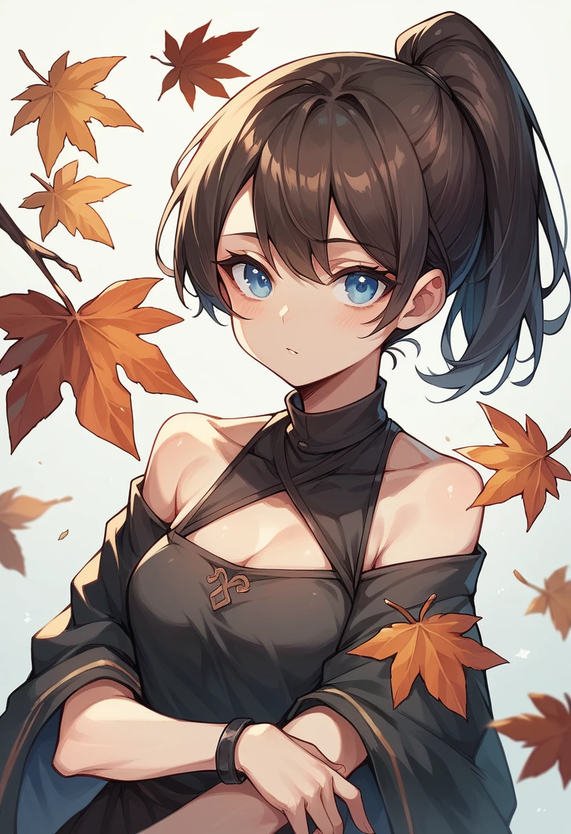 A young woman with big, expressive blue eyes and short dark hair in a half ponytail. She has a cheerful expression on her face and is wearing a long-sleeved black blouse that leaves her shoulders exposed. Her skin tone is brown.