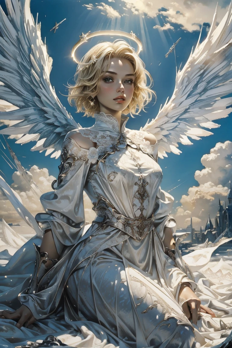 masterpiece, detailed, beautiful, painting, 1 Girl, Angel, large Angel wings, Halo, White cloth, floating in the air, in the sky, deformation, Apocalypso, cloud, Romantic, magic, fantasy, meteor, Star BREAK Short Blonde, Lace Hair