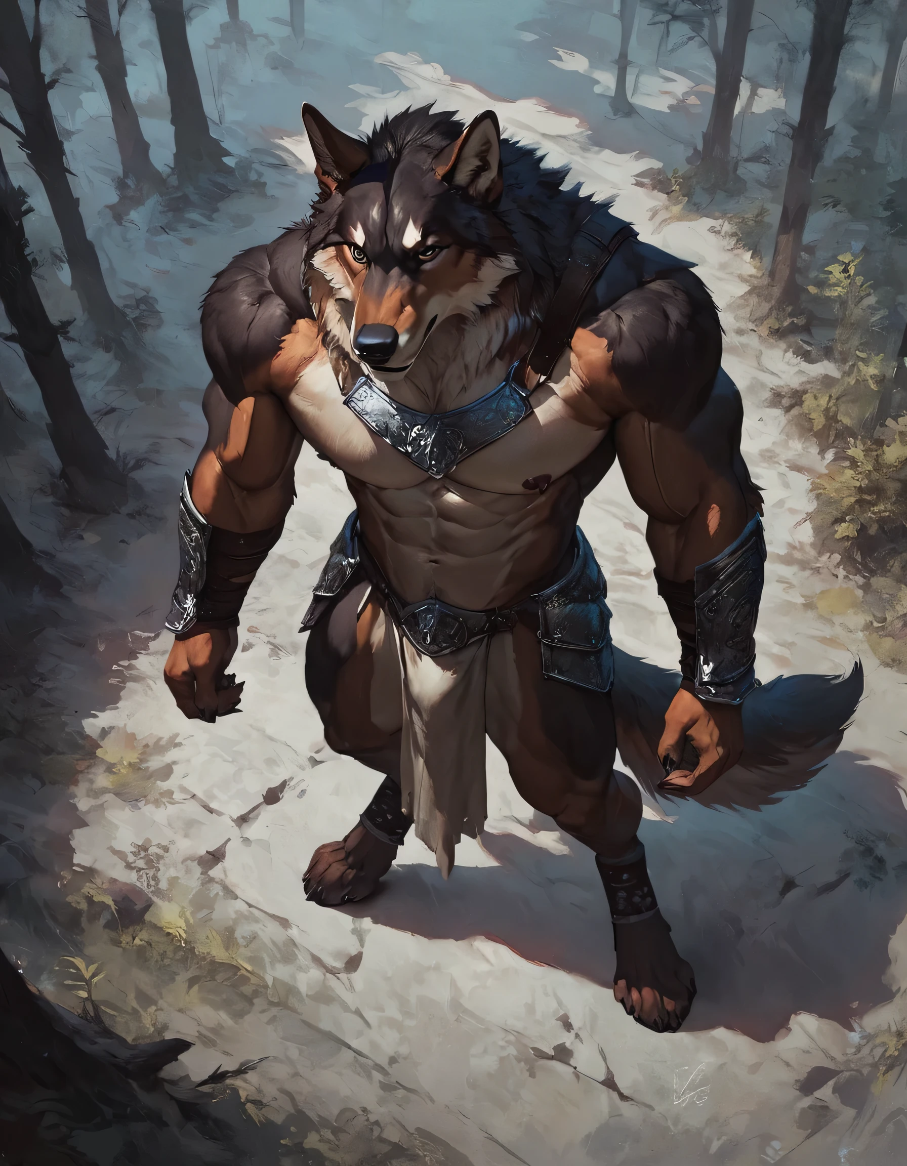 score_9, score_8_above, score_7_above, score_6_above,(Alone), male wolf den, Proud and serious expression, loincloth, muscular, standing, armor, digitigrade, guerrero, forest, by the wide, Conceptual art, dark environment, topless squat 