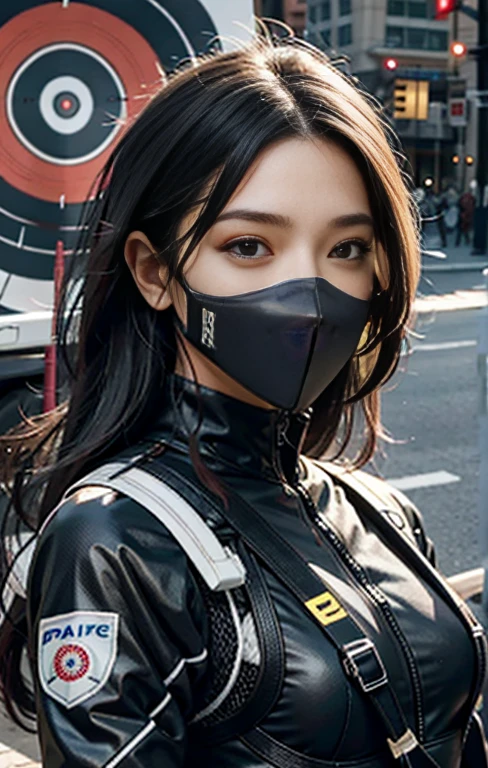 Best image quality, Excellent details, Ultra-high resolution, (realism: 1.4), ((close:0.75)), A very condensed woman, Beautiful and delicate facial features, Perfect Proportions, Target your audience, ((Target your audience)), (Chubby:0.3, Small breasts), (Fabric color base ratio black:0.4 White:0.5. Other colors:0.1), (Wearing a rash guard and preferring a police uniform, Black and grey mech, Wear a futuristic full face mask, Military Harness, He's carrying a high-tech flamethrower tank on his back.), Background Simple gray wall,