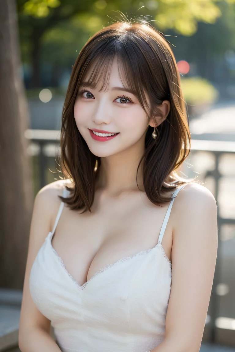 zoo, Highest quality, shape, Very detailed, In detail, High resolution, 8k wallpaper, Perfect dynamic composition, Beautiful details, Natural Lip, Cute fluffy dress, Big Breasts, Cleavage, She is smiling in a cute pose.., A masterpiece of the whole body, Side Short