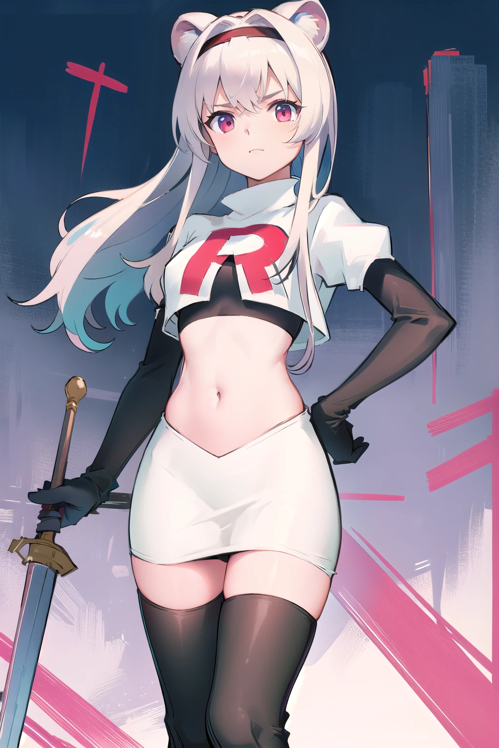 best quality,1girl,normal,cowboy shot,holding sword, team rocket,team rocket uniform,white skirt,red letter R,crop top,black thigh-highs,black elbow gloves