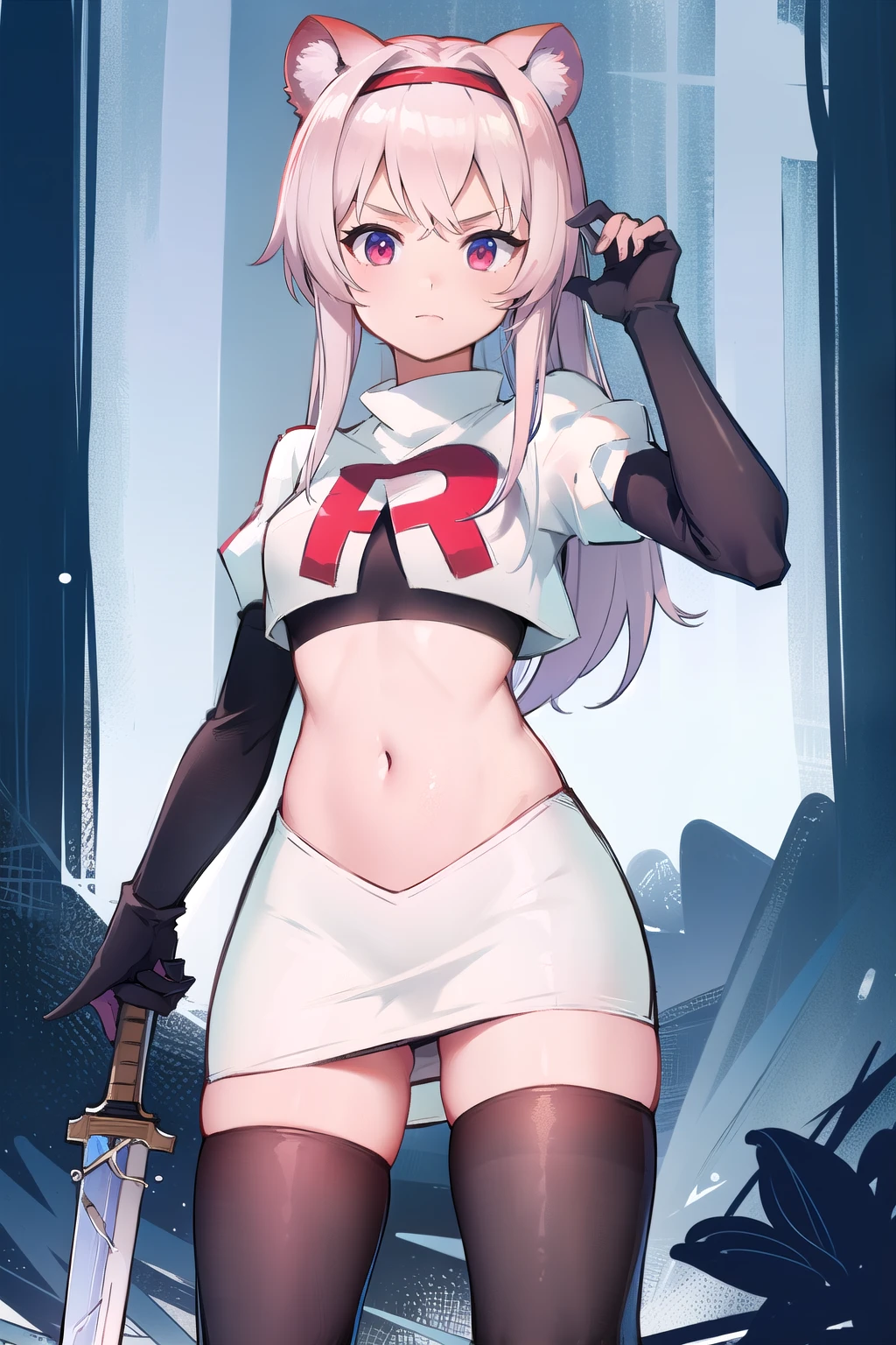 best quality,1girl,normal,cowboy shot,holding sword, team rocket,team rocket uniform,white skirt,red letter R,crop top,black thigh-highs,black elbow gloves